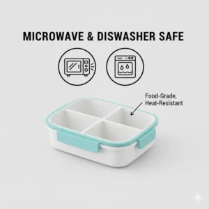Icon set indicating that this 4 compartment bento box is microwave and dishwasher safe.