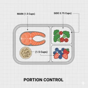 An infographic demonstrating portion control sizes for each section of the 3 compartment lunch box glass.