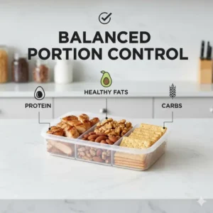 An infographic demonstrating portion control using a 3 compartment snack container for healthy meals.