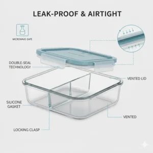 Demonstration of the airtight and leak-proof seal on the lids of these 3 compartment reusable food storage containers.