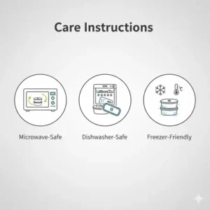 Care instruction icons showing that the 3 tier bento box is microwave, dishwasher, and freezer safe.