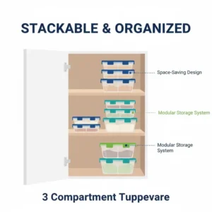 A visual demonstration of the space-saving and stackable storage features of the 3 compartment tupperware.