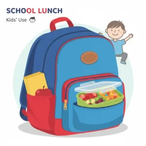 A 3 compartment snack container placed inside a colorful kids' school lunch bag.