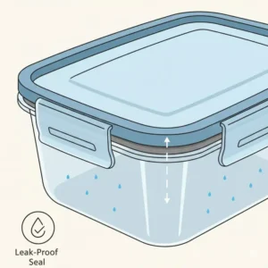 Close-up illustration of the airtight, leak-proof lids used on 3 compartment meal prep containers to prevent spills.