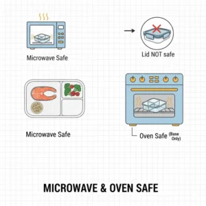 A demonstration of the heat-resistant 3 compartment lunch box glass being used in a microwave.