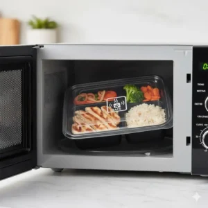 Demonstration of heating food inside 3 compartment take out food containers to show microwave-safe capabilities.