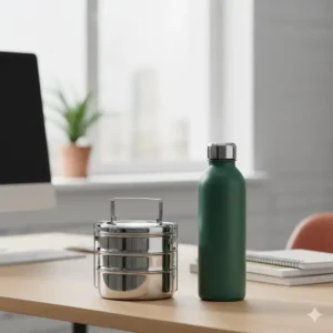 A compact and portable 3 layer tiffin box placed next to an office desk setup for size reference.