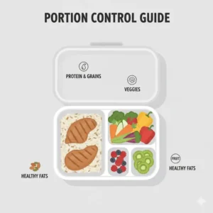 A guide to healthy eating using the divided sections of a 4 compartment bento box.