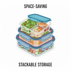 Illustration of the space-saving nesting feature of several 3 compartment reusable food containers.