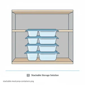 Space-saving design showing how to neatly stack 3 compartment plastic containers with lids in a kitchen cabinet. 