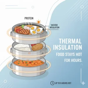 An infographic showing the thermal insulation technology of a 3 tier lunch box keeping food warm.