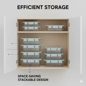 Neatly stacked 3 compartment reusable food storage containers in a kitchen cabinet to demonstrate space-saving design.