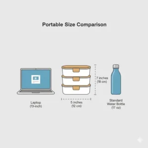 A size comparison graphic of a 3 tier bento box next to a laptop and a water bottle.