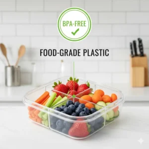 A graphic label confirming the BPA-free and food-safe material of the 3 compartment snack container.