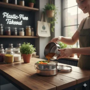Using a reusable 3 layer tiffin box for plastic-free takeout to promote a zero-waste lifestyle.