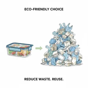 Environmental comparison showing the benefits of using 3 compartment reusable food containers over single-use plastic.