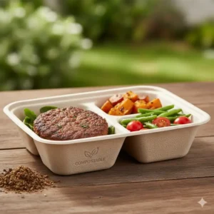Sustainable and compostable versions of 3 compartment take out food containers made from eco-friendly plant fibers.