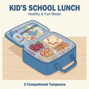 A colorful illustration of a healthy school lunch packed inside a durable 3 compartment tupperware.