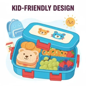 A kid-friendly lunch with cute food shapes packed in a colorful 4 compartment bento box.