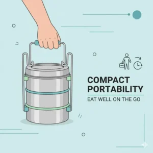 Illustration of the easy-carry handle design on a compact 3 tier lunch box for commuters.