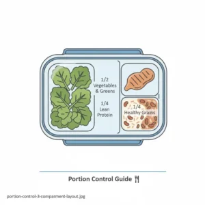 Visual guide for healthy portion control using the divided sections of 3 compartment plastic containers with lids.
