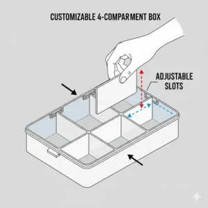 Illustration of multiple 4 compartment boxes stacked vertically to save shelf space.