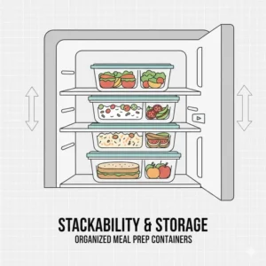 Neatly stacked units of the 3 compartment lunch box glass showing space-saving storage in a fridge.