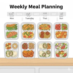 Seven 3 compartment meal prep containers lined up on a counter to represent a full week of healthy meal planning.