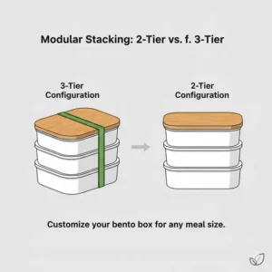 Modular stacking illustration showing how to convert a 3 tier bento box into different configurations.