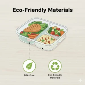 An illustration highlighting the BPA-free and eco-friendly plastic used in high-quality 3 compartment meal prep containers.