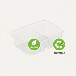 Certified BPA-free and eco-friendly material icons featured on a 3 compartment plastic container
