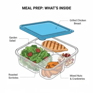 Creative meal prep ideas displayed inside high-quality 3 compartment reusable food containers.