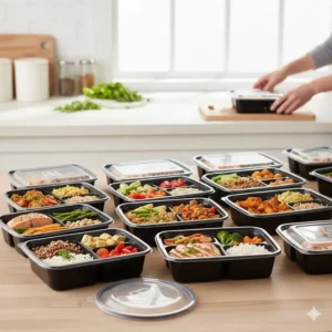 A row of 3 compartment take out food containers used for organized weekly meal prep and portion control.