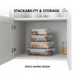 Multiple 3 compartment snack container units stacked neatly for efficient kitchen storage.