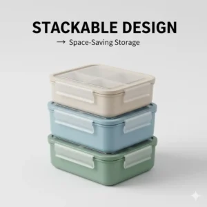 Multiple units of a 4 compartment bento box stacked together for easy kitchen storage.