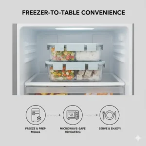 Storing prepped meals in 3 compartment reusable food storage containers inside a freezer for long-term freshness.