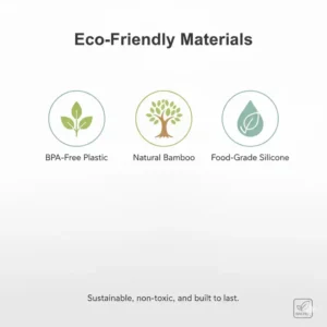 Infographic highlighting the BPA-free and sustainable materials used in this 3 tier bento box.