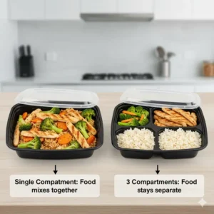 A side-by-side comparison between a standard box and 3 compartment take out food containers highlighting food separation.