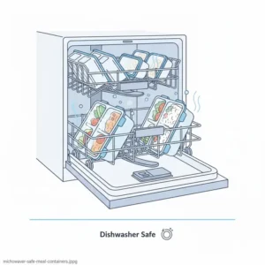 Convenience illustration showing 3 compartment plastic containers with lids being cleaned in a dishwasher top rack.