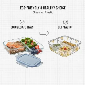 A comparison showing the sustainability of the 3 compartment lunch box glass versus plastic containers.