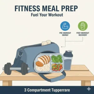 A fitness-themed image showing a pre-workout meal stored in a 3 compartment tupperware inside a gym bag.