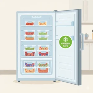 A 3 compartment plastic container stored inside a freezer to show its durability in cold temperatures.