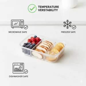 Icons showing that the 3 compartment snack container is safe for microwave, freezer, and dishwasher use.
