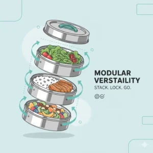 Exploded view showing how the modular layers of a 3 tier lunch box stack and lock securely.
