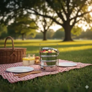 A scenic picnic arrangement featuring a 3 layer tiffin box on a red checkered blanket in the park.