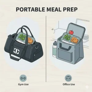 Illustration of 3 compartment meal prep containers inside a gym bag and a lunch tote for on-the-go nutrition.