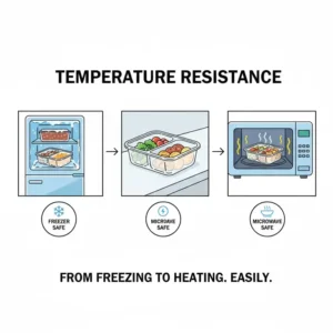 Diagram showing the freezer and microwave safety of 3 compartment reusable food containers.