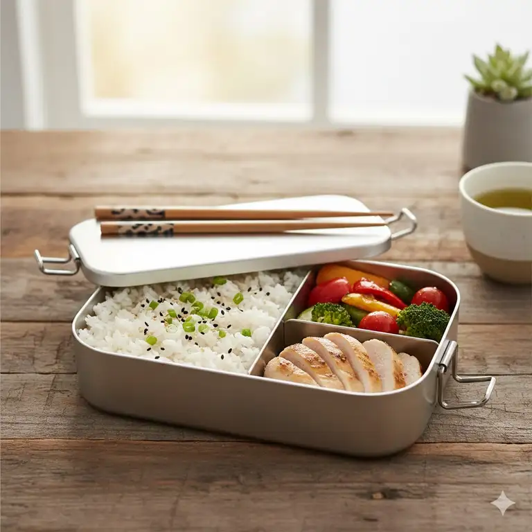 A high-quality lifestyle photo of an aluminum bento box filled with a healthy meal on a wooden table.