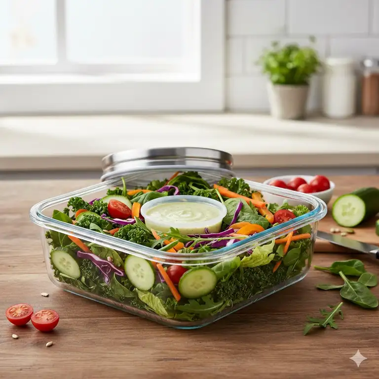 A premium airtight salad container filled with fresh garden greens and vegetables on a kitchen counter.