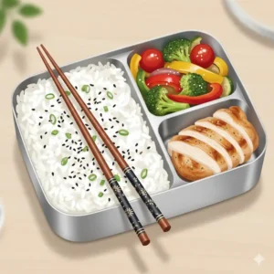 Top-down view of an aluminum bento box with 3 compartments separating rice, vegetables, and chicken.